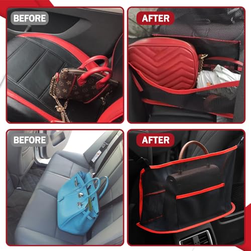 Car Net Pocket Handbag Holder, Auto Net Pocket Purse Holder Between Front Seats Car Storage Organizer, Universal Interior Accessories Barrier of Backseat Pet Kids (Black Red) - color: Black red