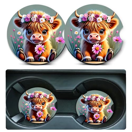 Car Coasters for Cup Holders,2 Pack Highland Cow Floral Car Coasters,2.75" Universal Size Anti Slip Rubber Mat,Automotive Cup Holder Gifts for Cow Lovers for Women,Men,Mom - color: Cow Baby