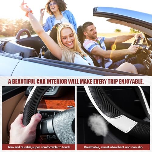 Car Steering Wheel Cover, Steering Wheel Protector, Universal 14.5-15 Inch Microfiber Leather Breathable Auto Steering Wheel Covers, Carbon Fiber Steering Wheel Cover for Women Men (White) - color: White