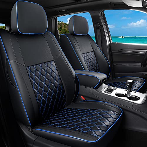 Huidasource Upgrade Grand Cherokee Seat Covers, Full Coverage Waterproof Leather Car Seat Covers, Custom Seat Cushion Protector Fit for Grand Cherokee 2011-2021 (Full Set/Black&Blue) - color: Full Set/Blue, size: Upgrade Version