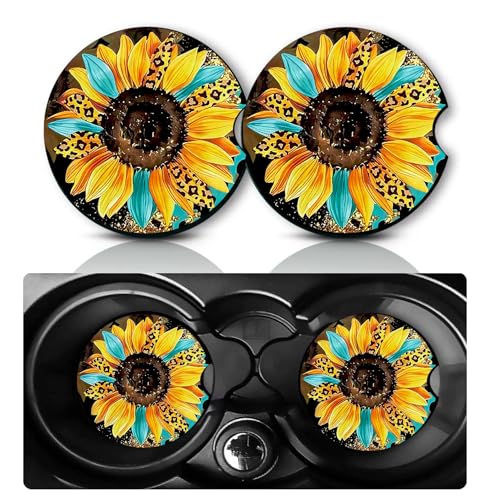 Car Coasters for Cup Holders,2 PCS Universal Non-Slip Sunflowers Leopard Car Coasters,2.75" Cars Cup Drink Holder Coaster Decor Sunflowers Car Accessories Sunflower Gifts for Women Men - color: Leopard Sunflower