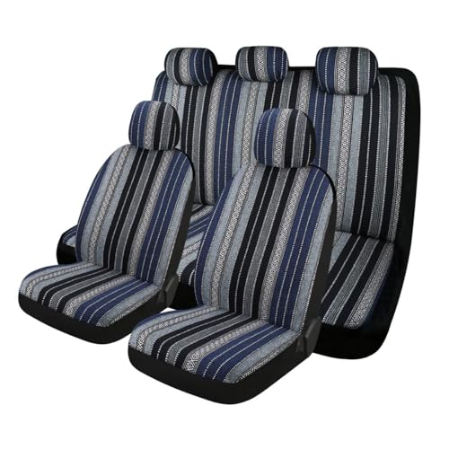 9PCS Baja Saddle Blanket Car Seat Covers, Front Set Breathable Washable Seat Covers with Seatbelt Pad, Striped Woven Cloth Airbag Compatible Seats Protector for Most Vehicles (Blue Stripe) - color: Blue Stripe, 9PCS