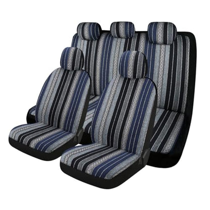 9PCS Baja Saddle Blanket Car Seat Covers, Front Set Breathable Washable Seat Covers with Seatbelt Pad, Striped Woven Cloth Airbag Compatible Seats Protector for Most Vehicles (Blue Stripe) - color: Blue Stripe, 9PCS
