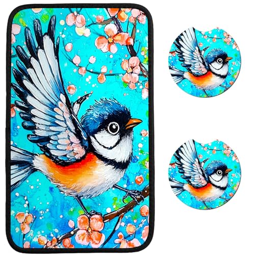 Universal Auto Center Console Pad and 2Pcs Car Coasters Set, Anti Slip Soft Neoprene Car Armrest Seat Box Cover Protector for Most Vehicle - Car Interior Accessories, Blue Hummingbird - color: Blue Hummingbird