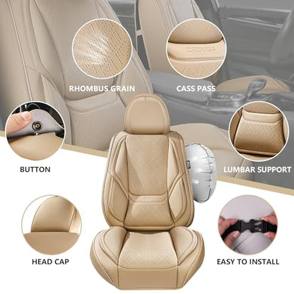 CAR PASS Nappa Leather Car Seat Covers 5 Seat, Luxury Lumbar Support, Waterproof Breathable Durable All Coverage Leatherette Seat Covers for SUVs,Pickups,Trucks,Vehicles (Full Set Solid Beige) - color: Beige