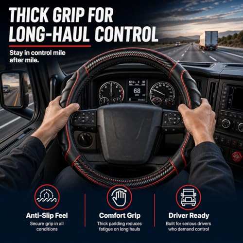 18 Inch Semi Truck Steering Wheel Cover for Freightliner Cascadia, Kenworth T680 T880, Peterbilt 579, Volvo VNL - Anti-Slip Carbon Fiber Grip - Carbon Red - color: Black Red