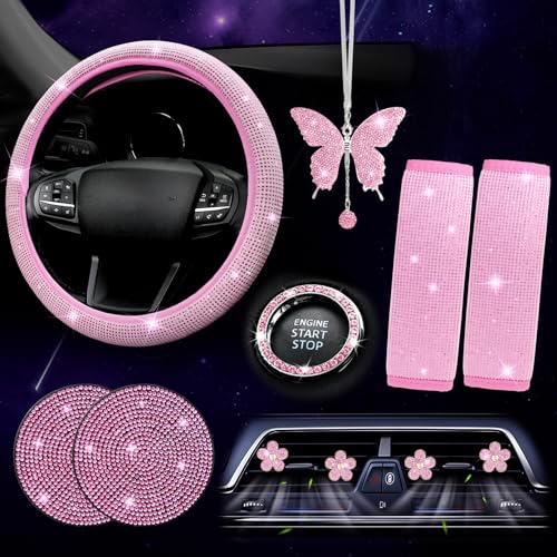 ARTILAURA 11 PCS Bling Car Accessories Set for Women Steering Wheel Covers Butterfly Hanging Seat Belt Cover Air Vent Clips Coasters Cute Glitter Diamond AUTO Accessories Kit (Pink) - color: Pink