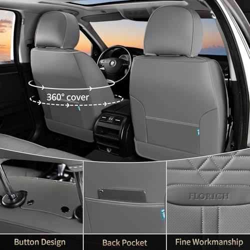 FLORICH Car Seat Covers for Full Set, Universal Seat Cushion 5 Seats, Car Seat Protector Waterproof, Premium Leather Automotive Seat Covers for Most Cars, Sedans, SUVs, and Trucks-Gray