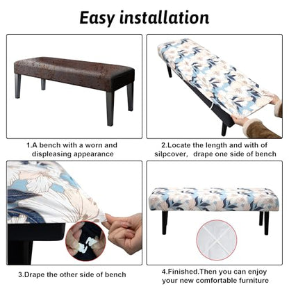Stretch Bench Cover, Seat Cushion Protector, Washable Slipcover, Printed Rectangle Cover for Dining Room, Living Room, Kitchen - color: Blue-backed Lily