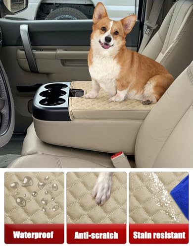 KBH Center Console Armrest Cover for 2007-2013 Chevy Silverado & Tahoe & Suburban, GMC Sierra & Yukon, Middle Console Lid Cushion, PU Leather, Anti-Scratch, Beige (Fits Jump Seat Console)