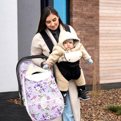 Winter Car Seat Cover Baby Girl Boy, Warm & Windproof Infant Carseat Cover Canopy Protect Baby from Cold Weather, Plush Fleece, Purple Floral - color: Purple Floral