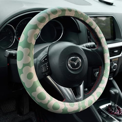 Microfiber Leather Steering Wheel Cover 14.5-15 inch, Green Floral Design, Anti-Slip Rubber Inner, Universal Fit for Cars, Trucks, SUVs (Green) - color: Green