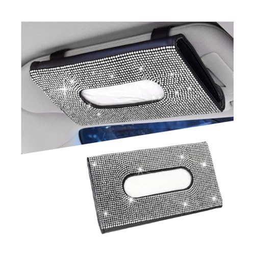Bling Car Tissue Holder for Sun Visor, Crystal Rhinestone Leather Vehicle Paper Towel Case, Glitter Diamond Auto Napkin Clip Accessories for Women, Universal for SUV, RV, Truck (White/Black) - color: White+black