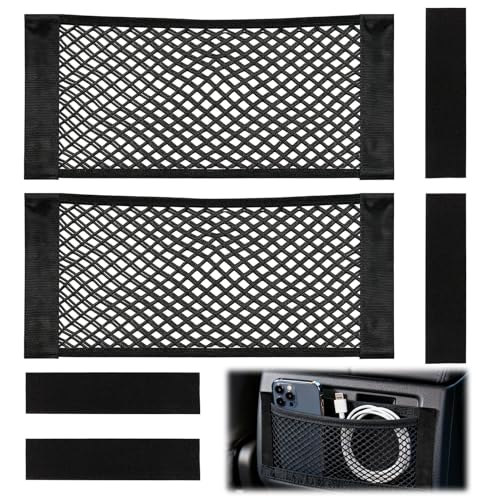 2 Pcs Universal Mesh Storage Pocket Bag, 9.8" x 23.6" Elastic Cargo Net Organizer with Hook & Loop Tape for Car SUV RV Camper and Home, High Capacity Wall Sticker Pouch for Trunk and Travel Storage