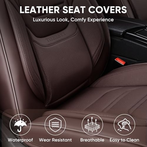 TIEHESYT Mature Brown Car Seat Covers, Breathable Faux Leather, Universal Fit, Front Pair with Headrest, Compatible with Most Vehicles - color: Coffee, size: Front Pair