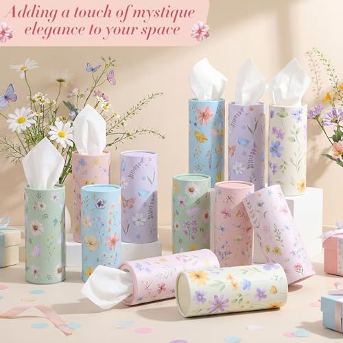 Outus 12 Pcs Floral Car Tissue Holder Cylinders with 3 Ply Facial Tissue Bulk, Portable Paper Dispenser for Cup Holder, Travel Bathroom Table Decor, Tissues Boxes Container for Home Office Party - style: Floral