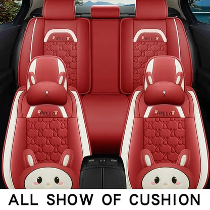INZU Cute Cartoon Rabbit Comfortable Car Seat Covers with Waterproof PU Leather Suitable for Most 5 Seats Cars SUV and Pick-up Truck Universal Fit Set (Wine) - color: Wine