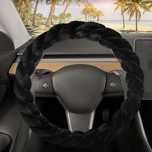 Carbella Twisted Fur Black Soft Steering Wheel Cover, Standard 15 Inch Size Fits Most Vehicles, Fuzzy Fluffy Car Steering Cover with Soft Faux Fur Touch, Car Accessories for Women - color: 1-Twisted Fur Black