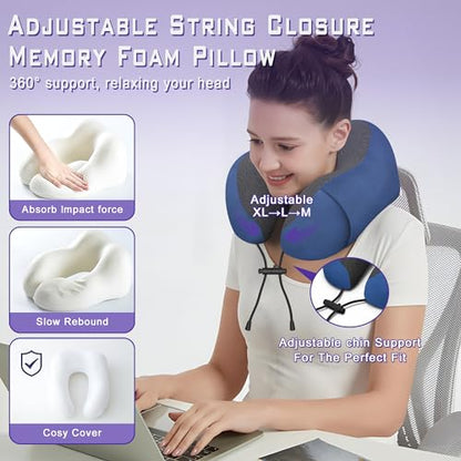 Neck Travel Pillow, Upgraded Memory Foam Pillow for Airplane, Machine Washable, Adjustable Flight Pillow, Suitable for Sleeping Airplane, Car, Office and Home (Blue)