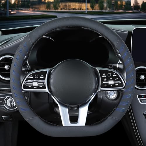 3D Premium Skin-Feel Leather D Shaped Car Steering Wheel Cover, Anti-Slip Breathable Soft Slim Design, Universal 15 inch, Black with Blue - color: Black with Blue, size: D Type-Medium[14.5''-15'']