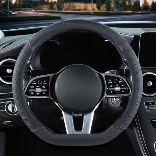 3D Premium Skin-Feel Leather D Shaped Car Steering Wheel Cover, Anti-Slip Breathable Soft Slim Design, Universal 15 inch, Black - color: Solid Black, size: D Type-Medium[14.5''-15'']
