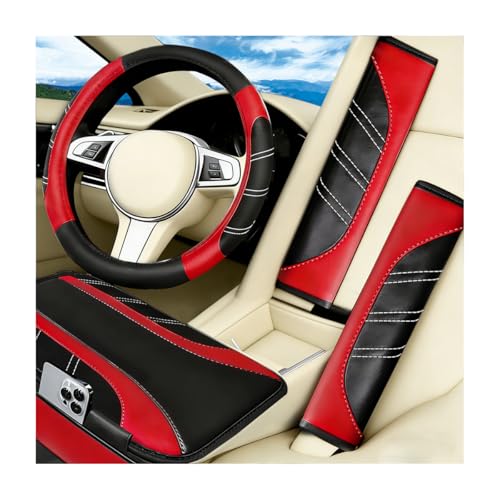 4PCS Car Accessories Set, 14.5-15 Inch Sporty Vehicle Steering Wheel Cover with Anti-Slip Lining, Automotive Interior Center Console Pad Seatbelt Cover, Universal for SUV Sedan Truck (Red) - color: Red