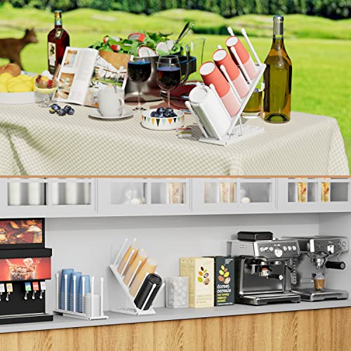 OVICAR Cup and Lid Holder - Adjustable Coffee Cup Holder Organizer 4 Compartment Disposable Paper Plastic Cup Dispenser with Straw Storage Basket for Coffee Bar Station Breakroom Countertop White - color: White