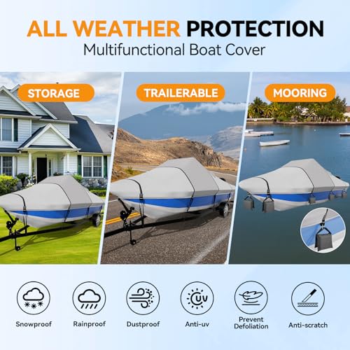 1600D+1200D Tearproof Center Console Boat Cover with 2" Wide Loops for Trailering and Mooring - Ultra Durable Waterproof Fits 14-16ft Center Console Boat, with Storage Bag - color: Gray, size: 14' - 16' L, Beam Width UP to 90" W