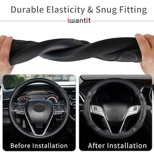 Iwantit® Car Steering Wheel Covers with 3D Silicone Honeycomb for Men,Anti-Slip Design and Breathable Fabric,Universal Fit 14.5-15 Inches (Full Black) - color: 001-Full BlacK