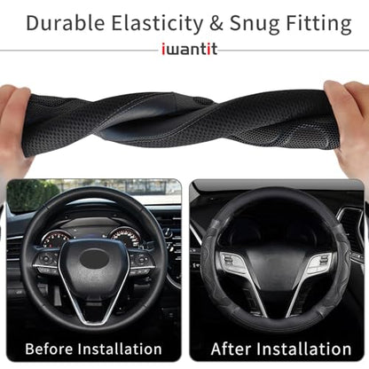Iwantit® Car Steering Wheel Covers with 3D Silicone Honeycomb for Men,Anti-Slip Design and Breathable Fabric,Universal Fit 14.5-15 Inches (Full Black) - color: 001-Full BlacK