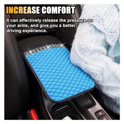 Bling Leather Car Armrest Seat Box Cover, Car Console Armrest Cover with Crystal Rhinestones, Anti-Scratch Waterproof Auto Center Console Protector Cushion Pad for Car SUV Truck (Blue) - color: Blue