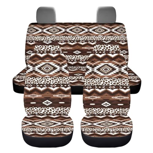 Dreaweet Aztec Leopard Print Car Seat Covers Full Set 12 Pcs - Brown Front and Back Seat Covers with Steering Wheel Cover with Center Console Cover,Coasters,Seatbelt Covers,Gear Shift Handbrake Cover - color: Aztec Leopard Print