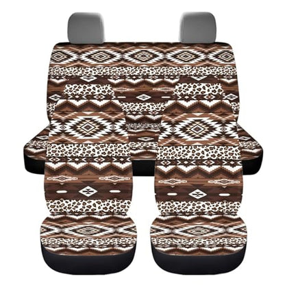 Dreaweet Aztec Leopard Print Car Seat Covers Full Set 12 Pcs - Brown Front and Back Seat Covers with Steering Wheel Cover with Center Console Cover,Coasters,Seatbelt Covers,Gear Shift Handbrake Cover - color: Aztec Leopard Print
