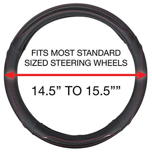 BDK UltraSport Steering Wheel Cover - Perforated Microfiber Leather with Carbon Fiber Detail & Contrast Stitching Black w/Red Stitching