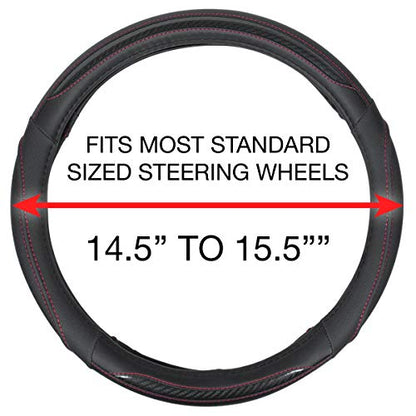 BDK UltraSport Steering Wheel Cover - Perforated Microfiber Leather with Carbon Fiber Detail & Contrast Stitching Black w/Red Stitching