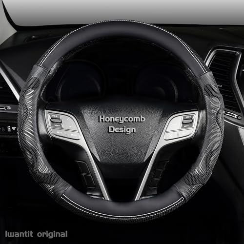 Iwantit® Steering Wheel Cover with 3D Honeycomb Anti-Slip Design and Breathable Fabrics, Universal 14.5-15 Inch (White/Black) - color: 002-White/Black