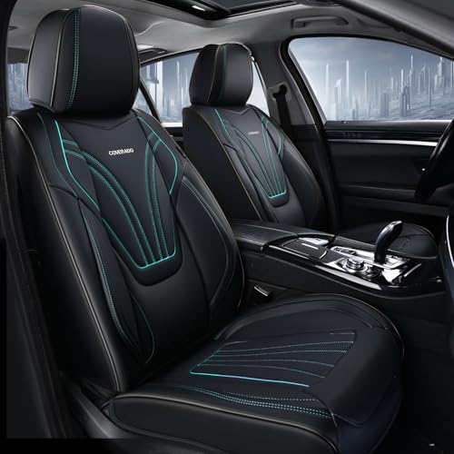 Coverado Car Seat Covers Front Seats, 2 Piece Car Seat Protector with Lumbar Support & Removable Headrest, Breathable Leather Seat Cushion Universal Fit for Truck Automotive Vehicles Black & Blue - color: Lumbar-Black&Blue, size: Front