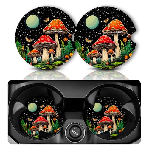 Yonlevres Car Coasters for Cup Holders，2.75" Anti Slip Rubber Mat with A Finger Notch, 2 Pack Car Cup Holder Coasters for Car Interior Accessories for Women Men Mushroom - color: Red Mushroom