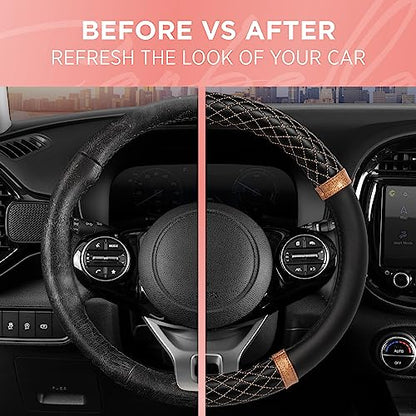 Carbella Rose Gold Quilted Steering Wheel Cover - Elegant Craft 15" Steering Cover for Cars, Trucks, SUV Accessories Accent - color: Rose Gold Quilted