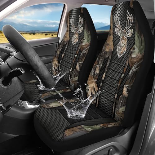Camo Hunting Buck 2 Piece Car Front Seat Covers Only, Universal Washable Breathable, Waterproof Auto Seat Protector Cover - color: Green Camo hunting Buck