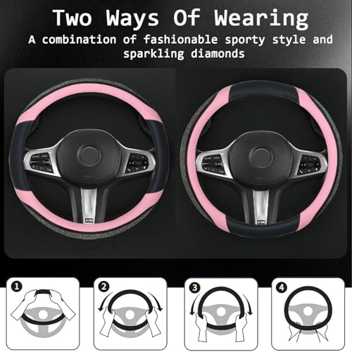 Bling Leather Steering Wheel Cover, Diamond Crystal Rhinestones Sparkly Steering Wheel Protector for Women Girls Soft Breathable Non-Slip Universal Fit 15" Car Accessories - Pink - color: Pink