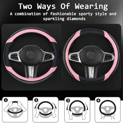 Bling Leather Steering Wheel Cover, Diamond Crystal Rhinestones Sparkly Steering Wheel Protector for Women Girls Soft Breathable Non-Slip Universal Fit 15" Car Accessories - Pink - color: Pink