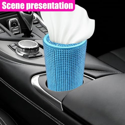 Craedli Bling Car Tissue Holder for Cup Holder, Sparkly Crystal Rhinestone Round Cylinder Car Tissue Box, Refillable Tissues Dispenser Auto Interior Paper Napkin Container with 1 Pack Tissues (Blue) - color: Blue