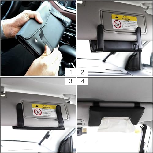 9.1 × 4.7 x 1.5 Car Tissue Holder — PU Leather Sun Visor Tissue Holder for Car with Ergonomic Take-Out Port, Universal Fit — Refillable Napkin Storage with Metal Clip Mount, Quick Install in Seconds