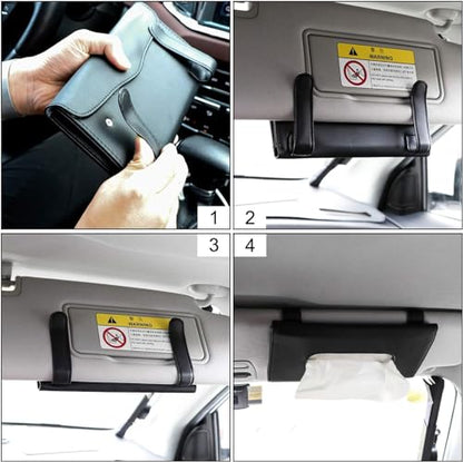 9.1 × 4.7 x 1.5 Car Tissue Holder — PU Leather Sun Visor Tissue Holder for Car with Ergonomic Take-Out Port, Universal Fit — Refillable Napkin Storage with Metal Clip Mount, Quick Install in Seconds