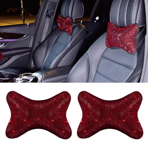 2PCS Car Neck Pillow for Driving Seat, Bling Crystal Rhinestone Diamond Comfortable Headrest Cushion, Head Rest Neck Support Relax, Car Interior Accessories for Women Girly (Red) - color: Red