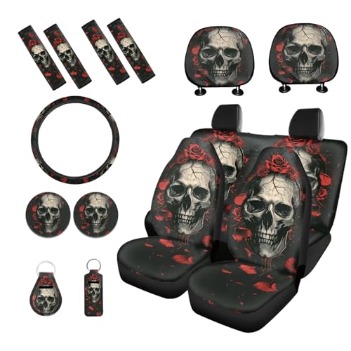 Skull Rose Printed 15 Pcs Car Interior Covers Set, Car Accessories Set Front Rear Car Seat Covers with Steering Wheel Cover Seat Belt Covers Car Headrest Cover Car Coaster - color: Black and Red-Skull Rose