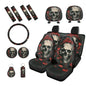 Skull Rose Printed 15 Pcs Car Interior Covers Set, Car Accessories Set Front Rear Car Seat Covers with Steering Wheel Cover Seat Belt Covers Car Headrest Cover Car Coaster - color: Black and Red-Skull Rose