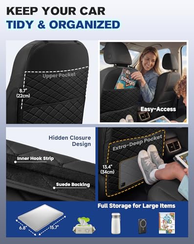 Seat Back Protectors for Kids, Car Kick Mats for Back of Front Seats with Large Pocket Organizer, Waterproof, Protects Against Dirt, Scuffs & Scratches, Fits Most Vehicles, 2PCS (Black)
