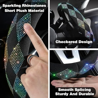 Bling Steering Wheel Cover for Women - Sparkly Crystal Rhinestones on Soft Plush with Checkered Design, Anti-Slip, Universal 15 Inch Car Wheel Protector, Cute Diamond Auto Accessories - color: red diamond +black